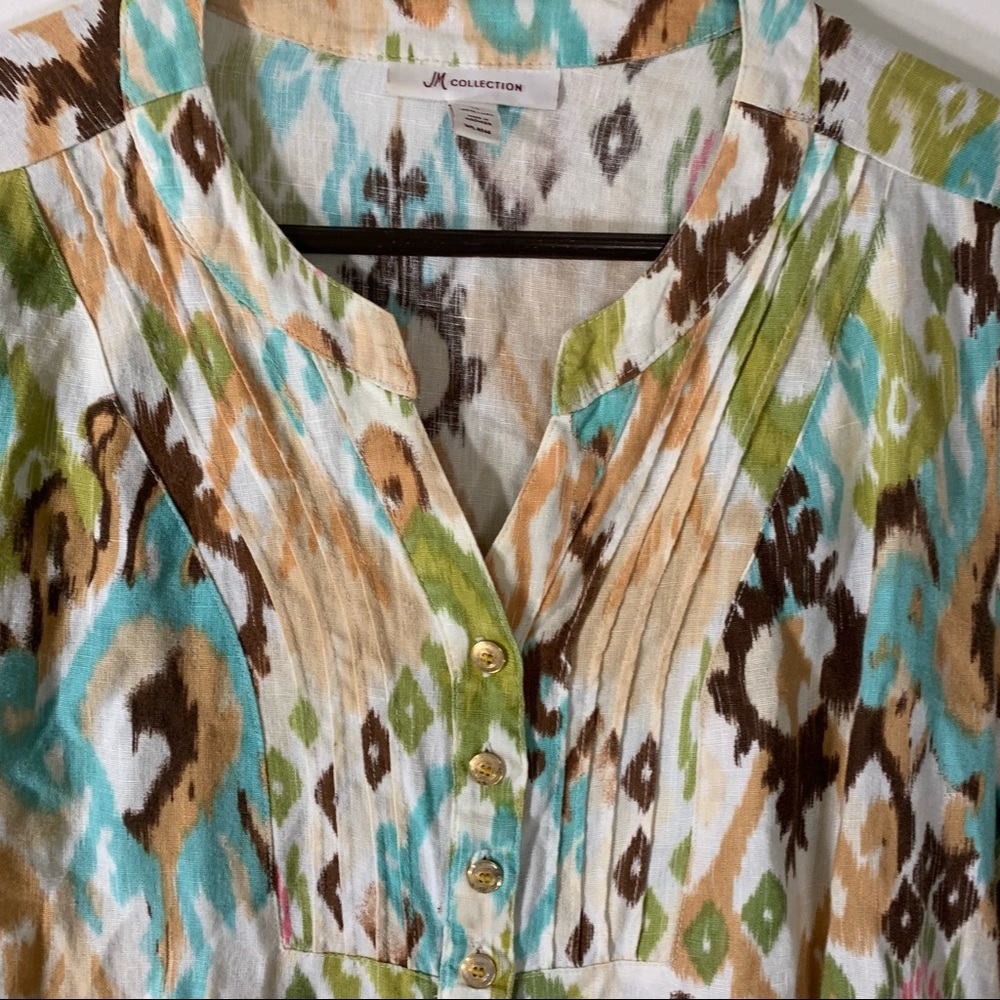 Jm Collection Linen Ikat Print Button Front Top - image 2